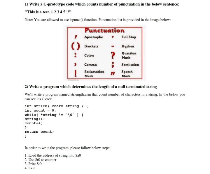  1) Write a C-prototype code which counts number of punctuation in