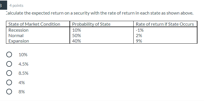  3 4 points Calculate the expected return on a security with
