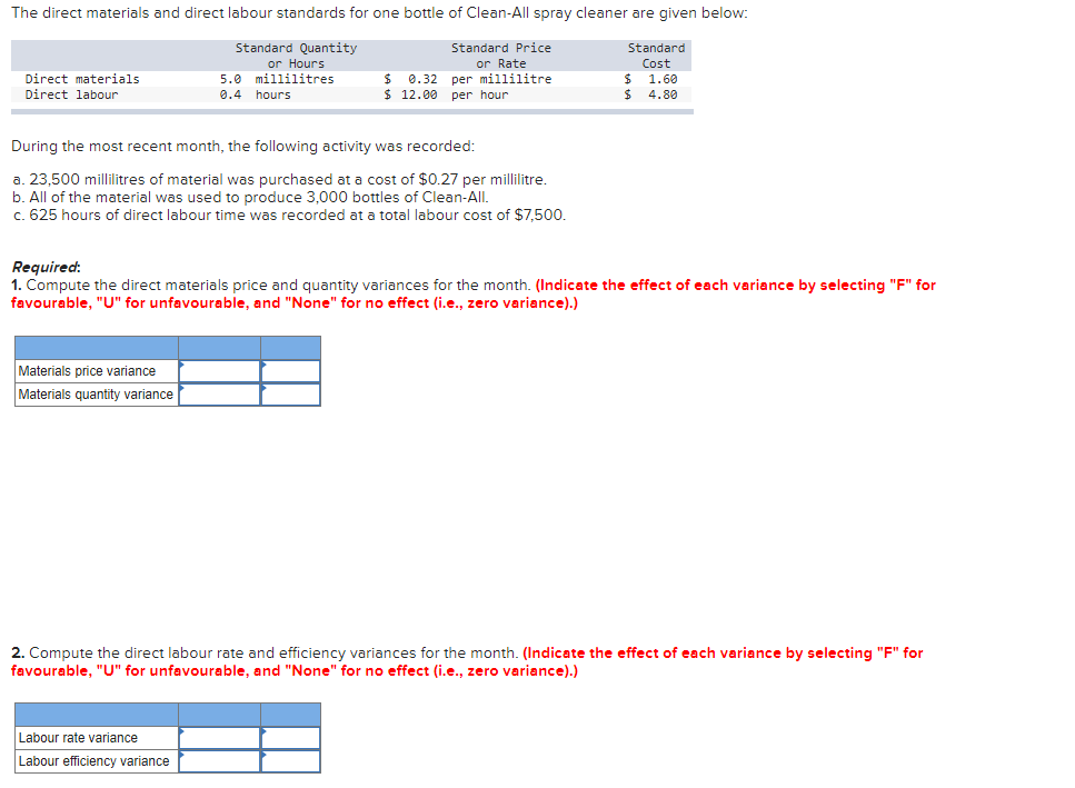 The direct materials and direct labour standards for one bottle of