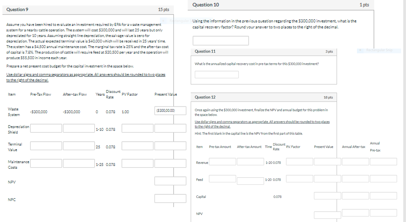 Question 10 1 pts Question 9 15 pts Using the information