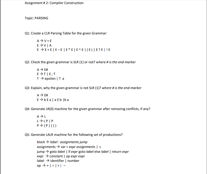  Assignment # 2: Compiler Construction Topic: PARSING Q1: Create a CLR
