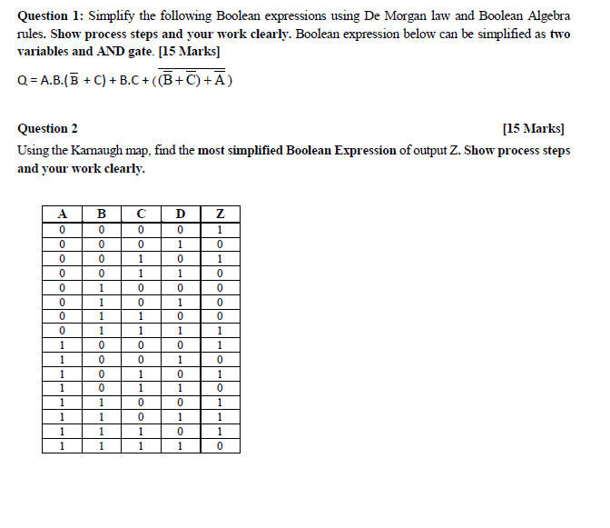 Question 1: Simplify the following Boolean expressions using De Morgan law