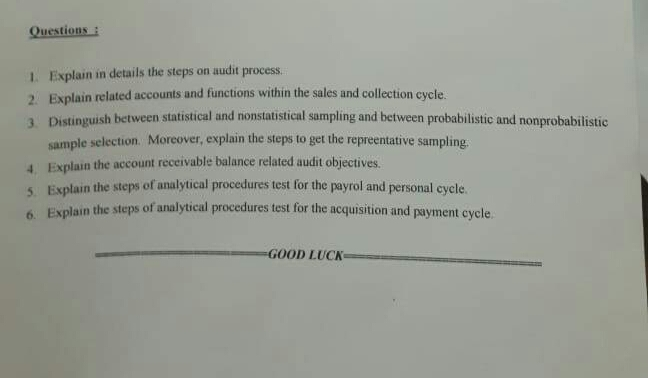  Questions 1. Explain in details the steps on audit process. 2