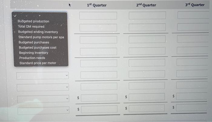  Bubgeted production Total DM required Budgeted ending inventory Standard pump motors