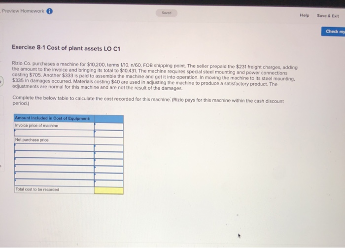  Preview Homework Help Save & Exit Check my Exercise 8-1 Cost