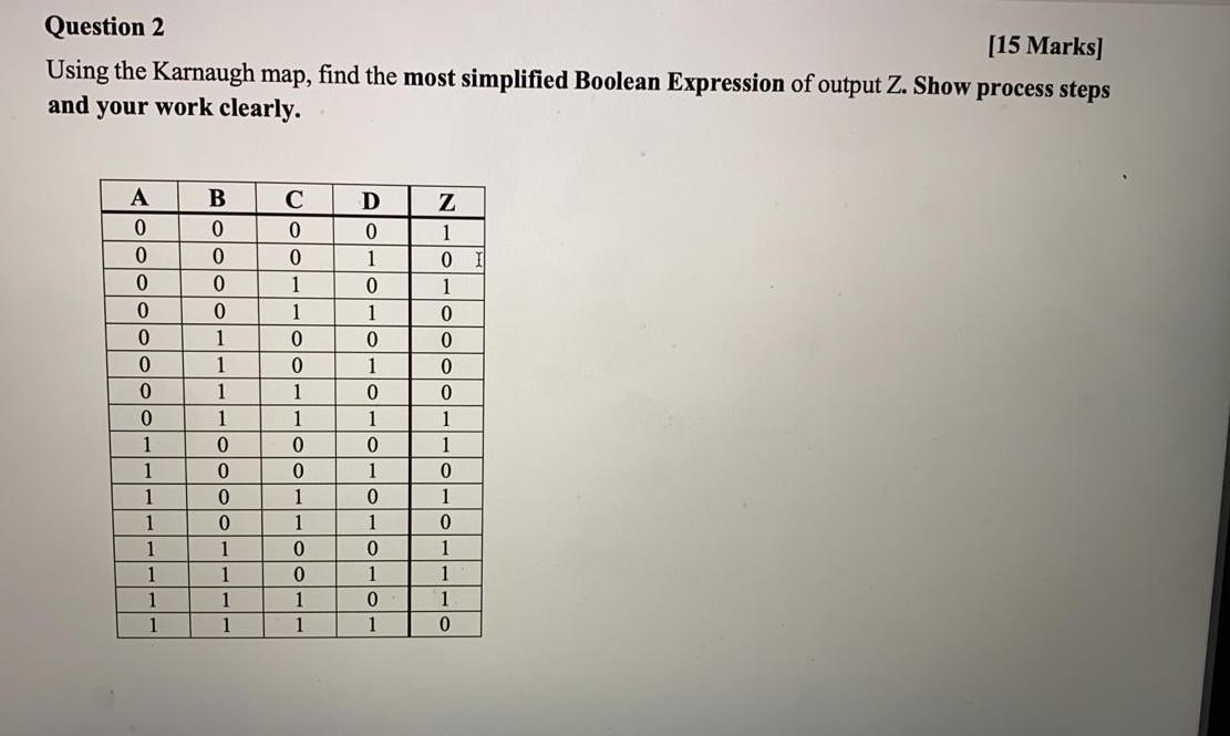  Question 2 [15 Marks] Using the Karnaugh map, find the most