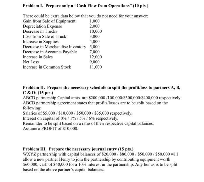  Problem I. Prepare only a Cash Flow from Operations (10 pts.)