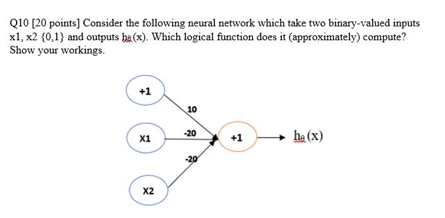  Q10[20 points] Consider the following neural network which take two binary-valued
