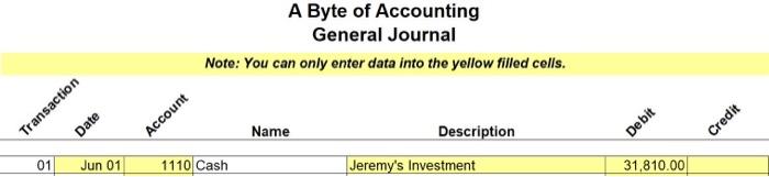 Journize transactions 1-10 using the format provided below A Byte of Accounting