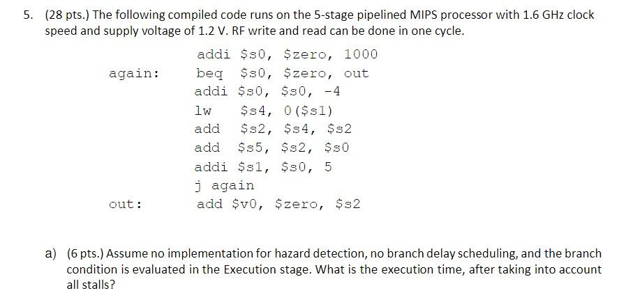  5. (28 pts.) The following compiled code runs on the 5-stage