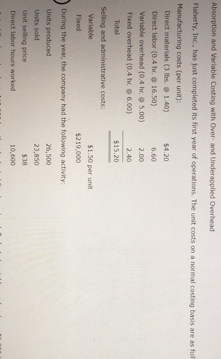  Absorption and Variable Costing with Over- and Underapplied Overhead Flaherty, Inc.,