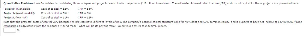  Quantitative Problem: Lane Industries is considering three independent projects, each of