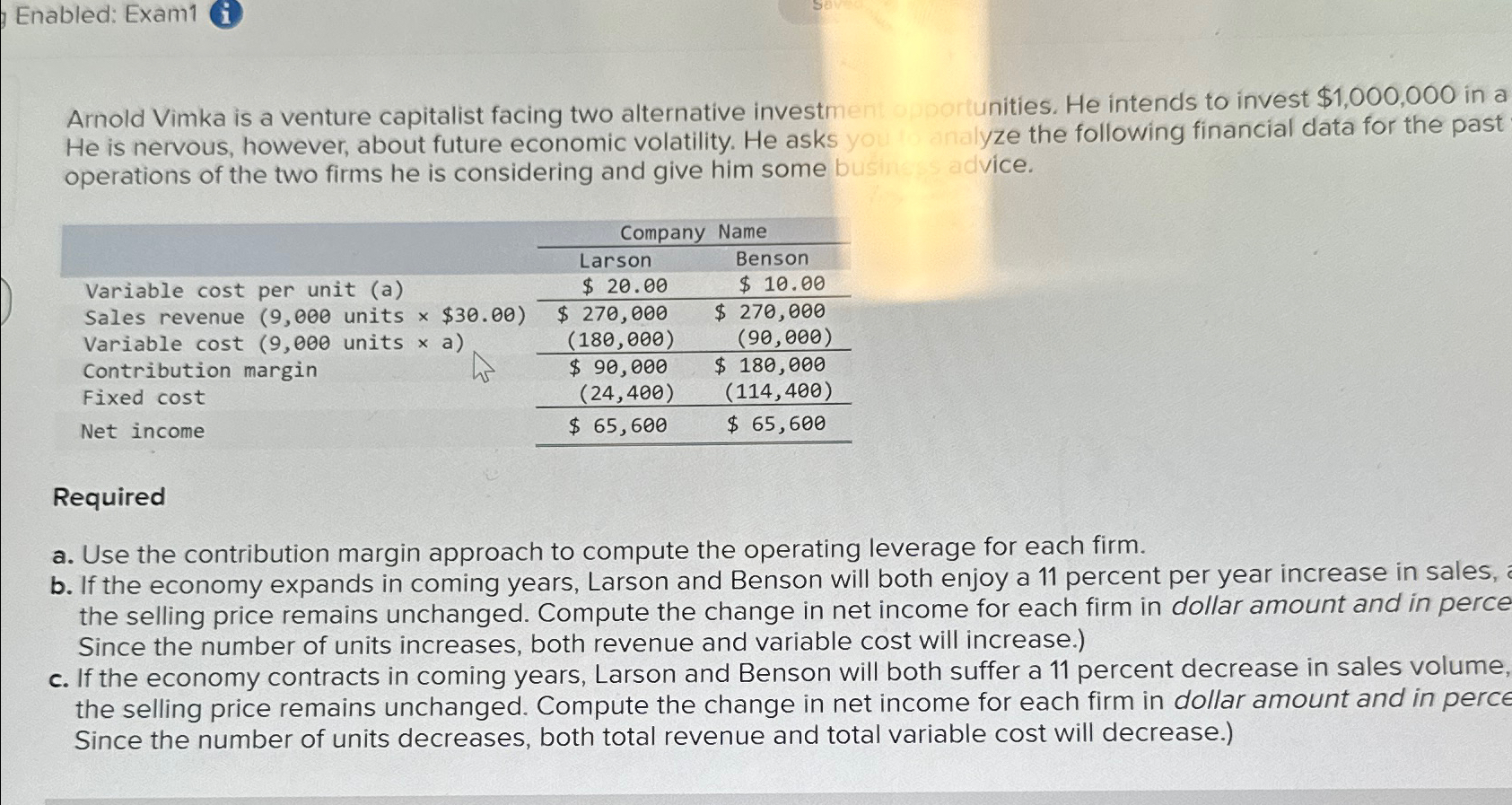  Enabled: Exam1 i Arnold Vimka is a venture capitalist facing two
