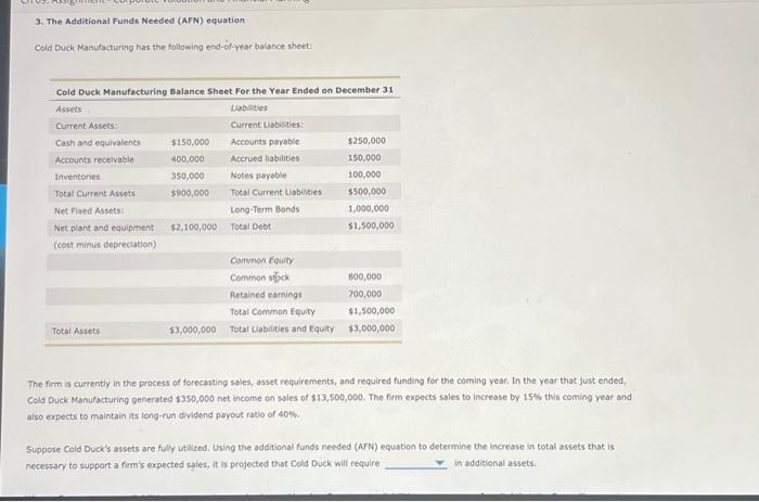  3. The Additional Funds Needed (AFN) equation Cold Duck Manutacturing has