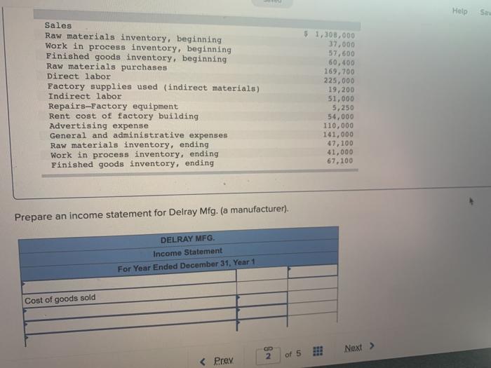  Help Sa Sales Raw materials inventory, beginning Work in process inventory,