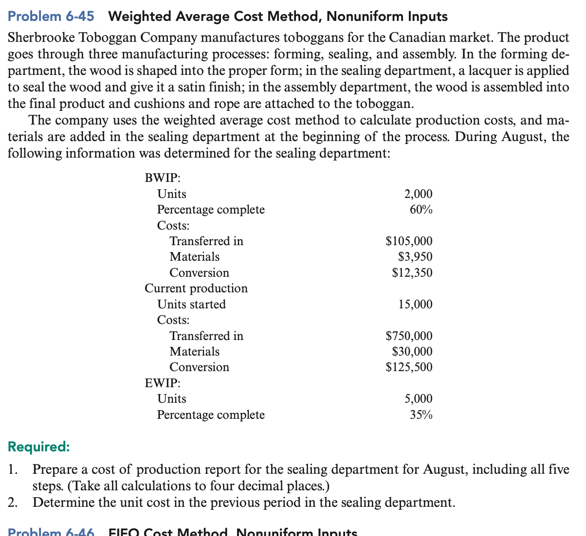 Problem 6-45 Weighted Average Cost Method, Nonuniform Inputs Sherbrooke Toboggan Company