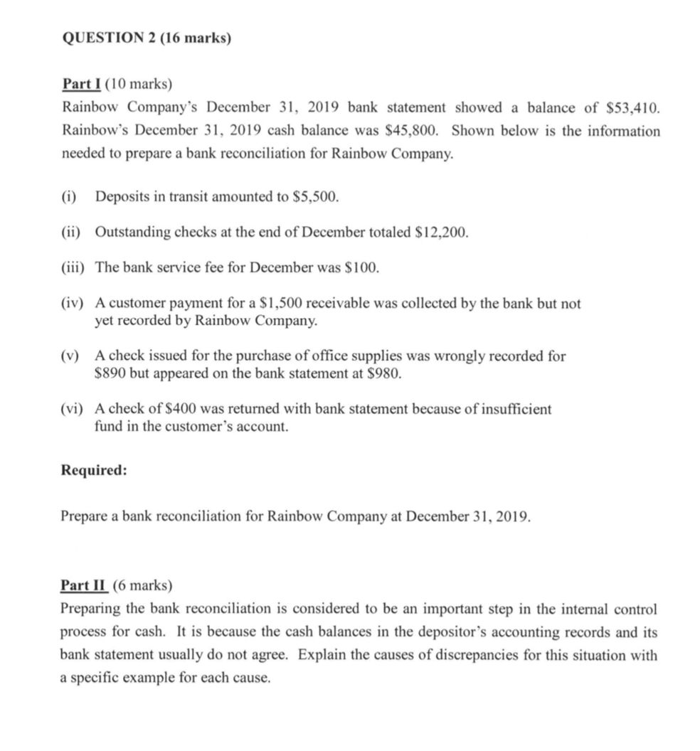 QUESTION 2 (16 marks) Part I (10 marks) Rainbow Company's December
