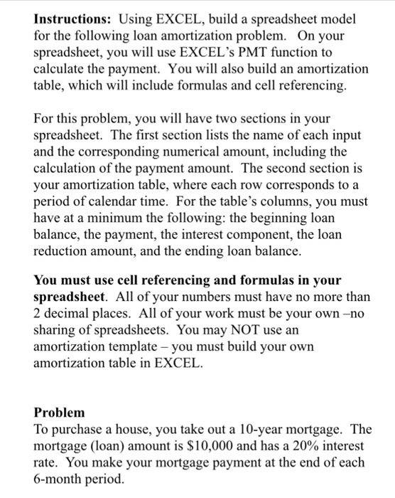  Instructions: Using EXCEL, build a spreadsheet model for the following loan