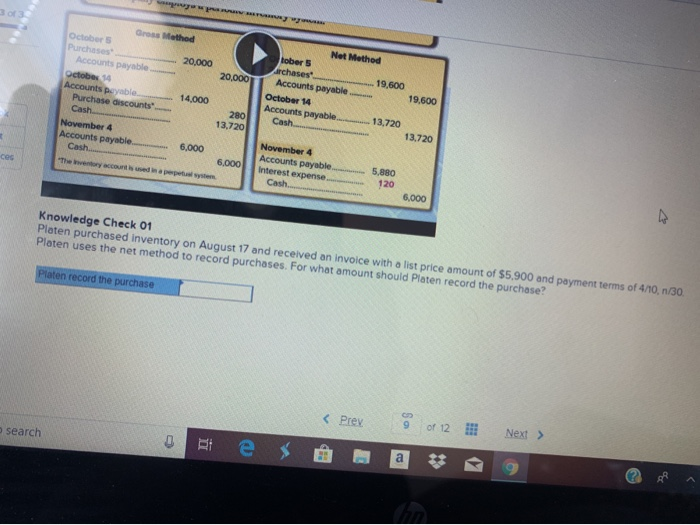  Gross Method Net Method October 5 Purchases" Accounts paysble tober 5