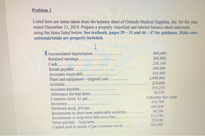  Problem 1 Listed here are items taken from the balance sheet