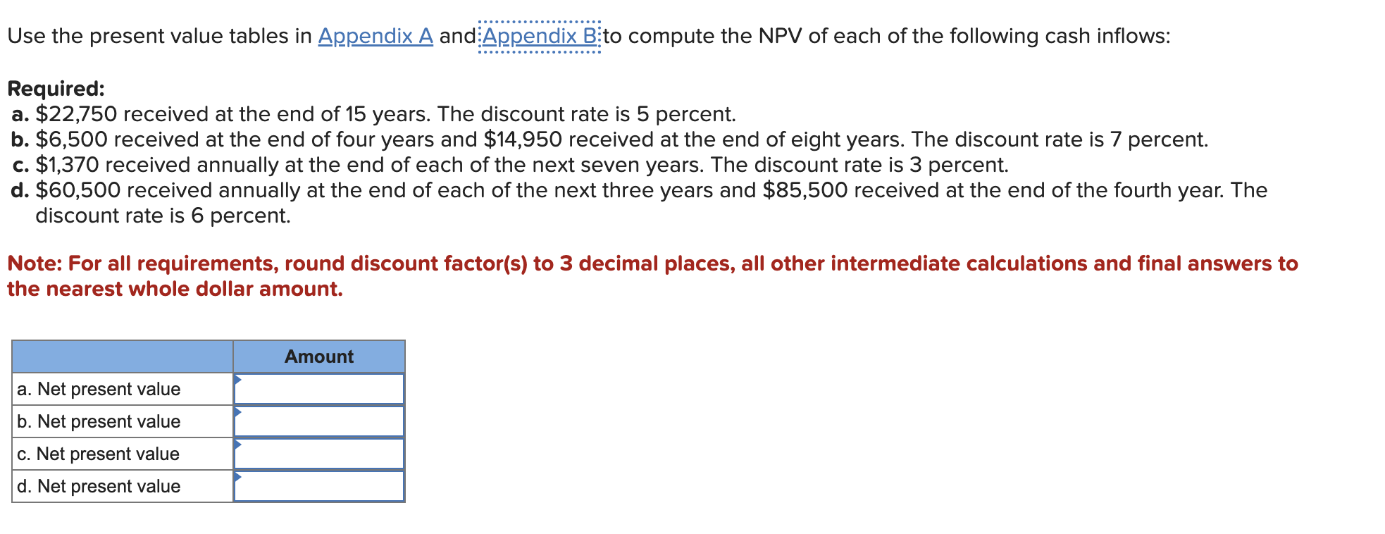 Use the present value tables in Appendix A and to compute