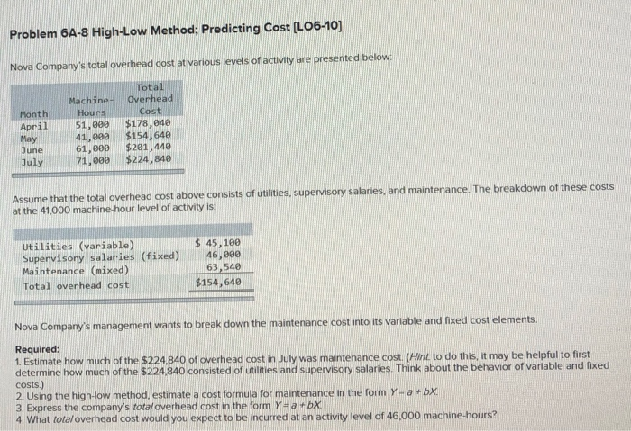  Problem 6A-8 High-Low Method: Predicting Cost [LO6-10] Nova Company's total overhead
