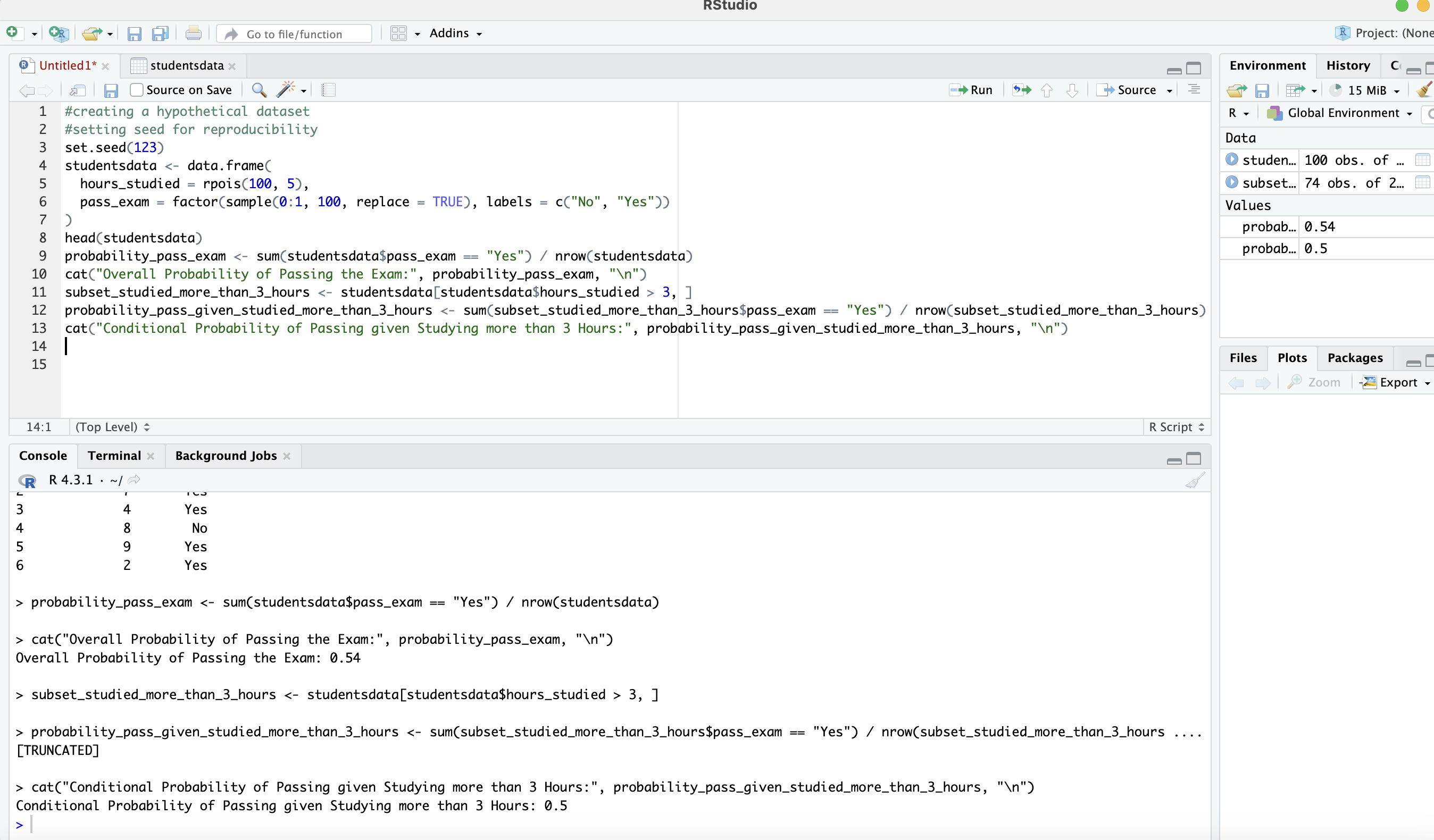 describe the result of the conditional probability in this code \#creating a