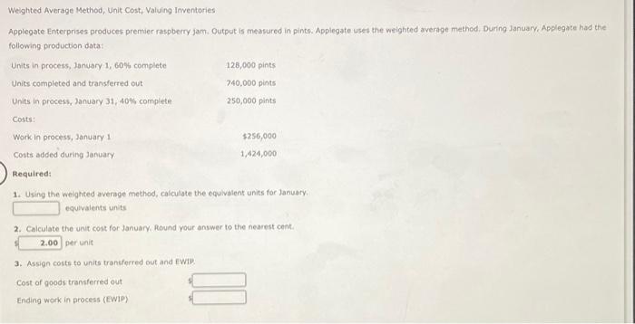  Weighted Average Method, Unit Cost, Valuing Inventories Applegate Enterprises produces premier