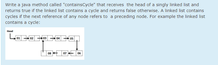  Write a java method called "containsCycle" that receives the head of