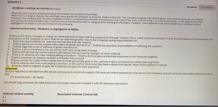  Question 4 40 points Save Answer INTERNAL CONTROL ACTIVITIES (40 marks)