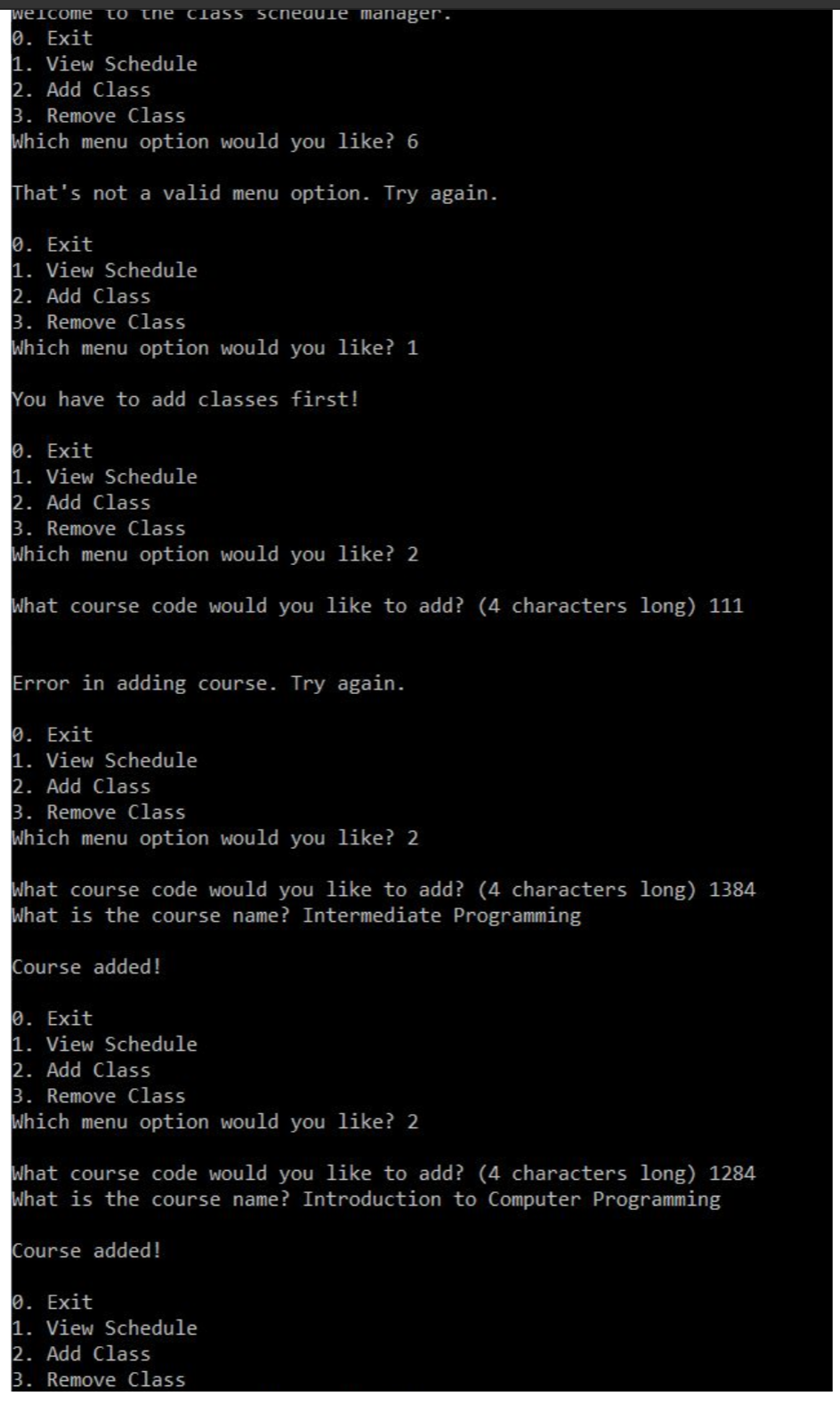 that allows a user to view and alter a class schedule. To