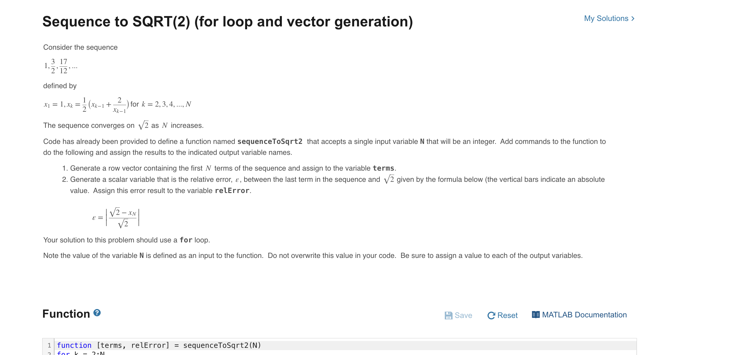  Sequence to SQRT(2)(for loop and vector generation) Consider the sequence 1,32,1712,dots