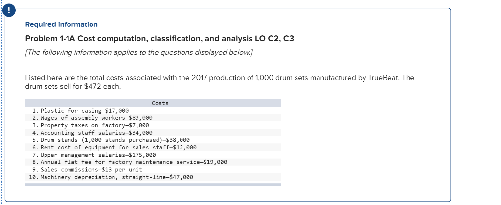  Required information Problem 1-1A Cost computation, classification, and analysis LO C2,