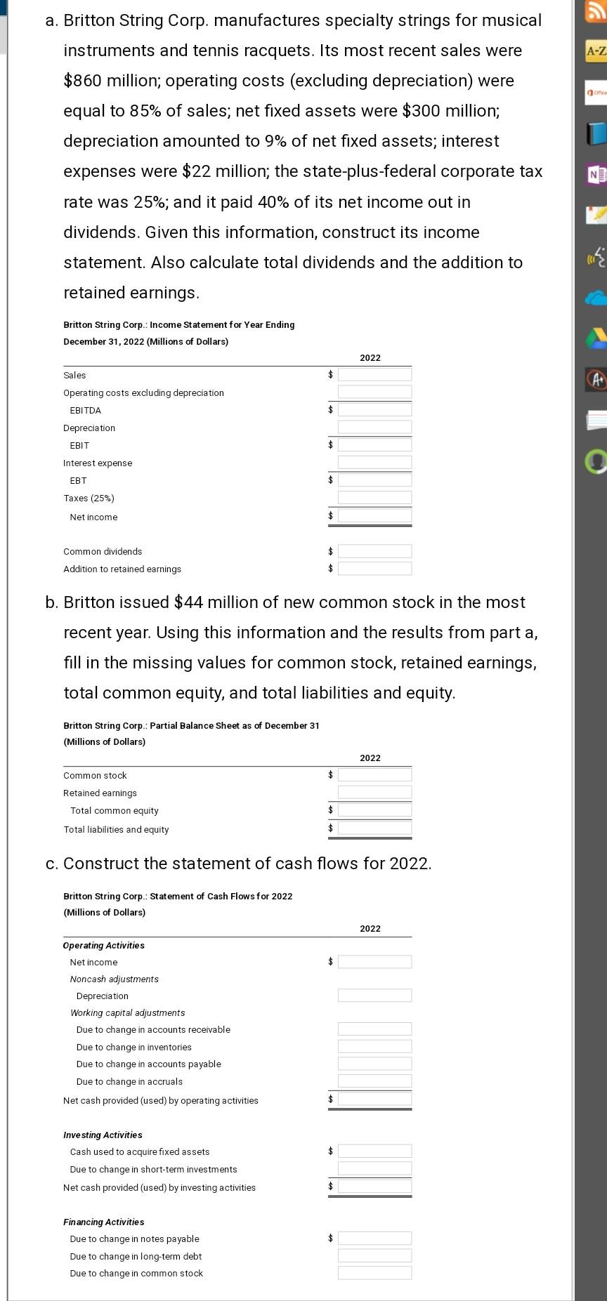a Model.xIsx. The partial balance sheets of Britton String are shown here.