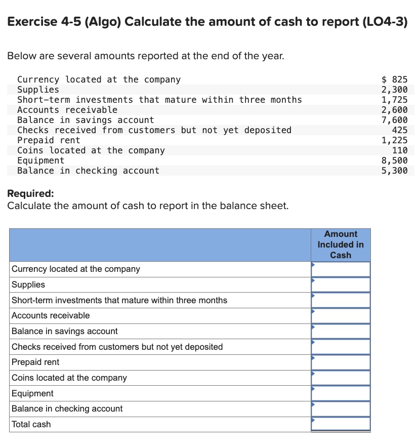  Exercise 4-5(Algo) Calculate the amount of cash to report (LO4-3) Below