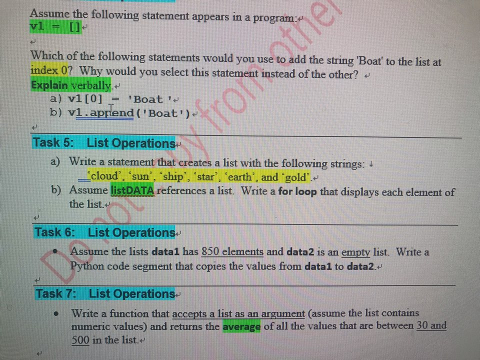  python programming task 5,6, and 7 Assume the following statement appears