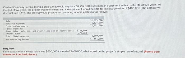  Cardinal Company is considering a project that would require a $2792.000