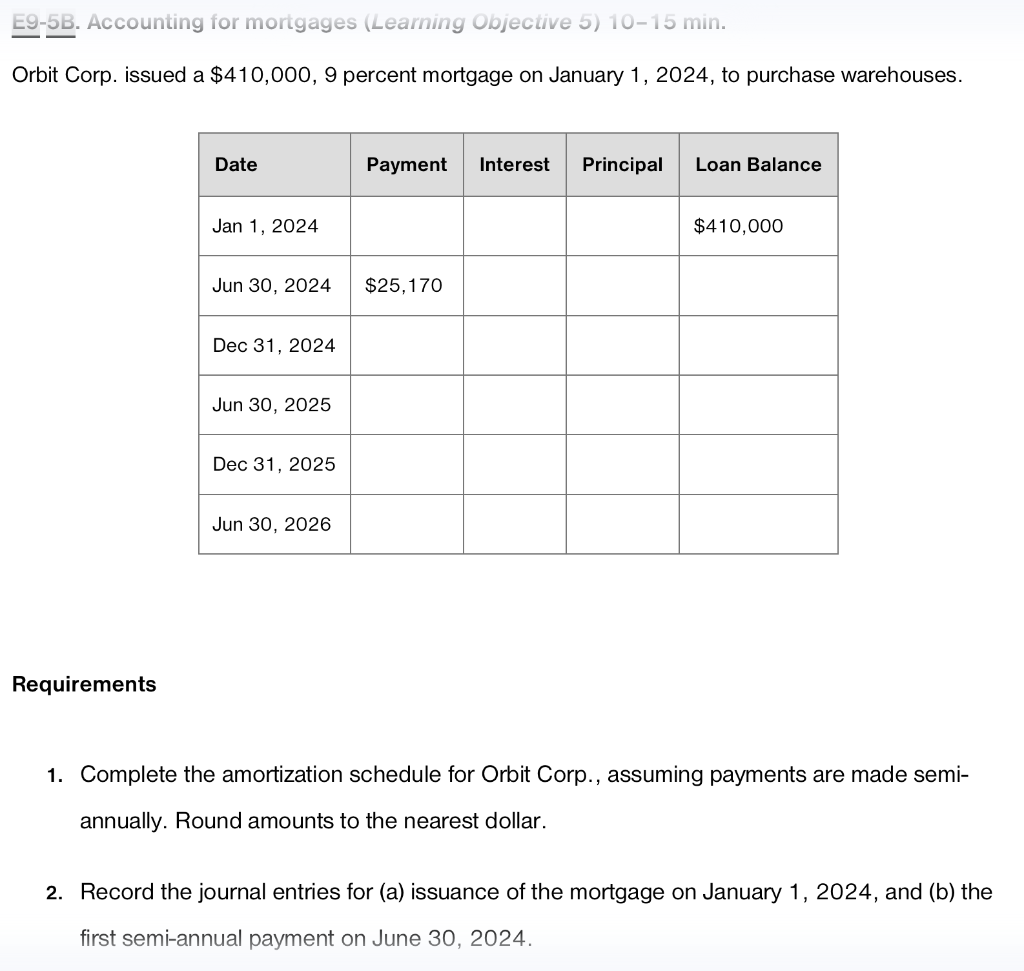 E9-5B. Accounting for mortgages (Learning Objective 5) 10-15 min. Orbit Corp.