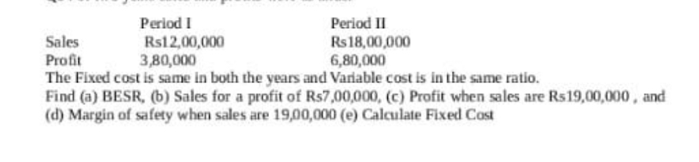  \table[[,Period I,Period II],[Sales,Rs12,00,000,Rs 18,00,000 