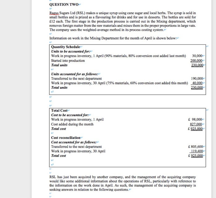  QUESTION TWO Ragus. Sugars Ltd (RSL) makes a unique syrup using