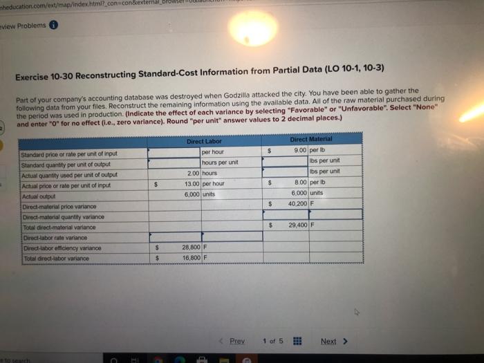  education.com/ext/map/index.html con con&external browser eview Problems Exercise 10-30 Reconstructing Standard-Cost Information