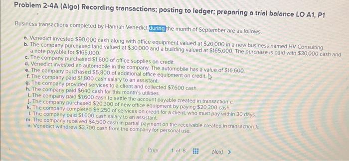  Problem 2-4A (Algo) Recording transactions; posting to ledger; preparing a trial