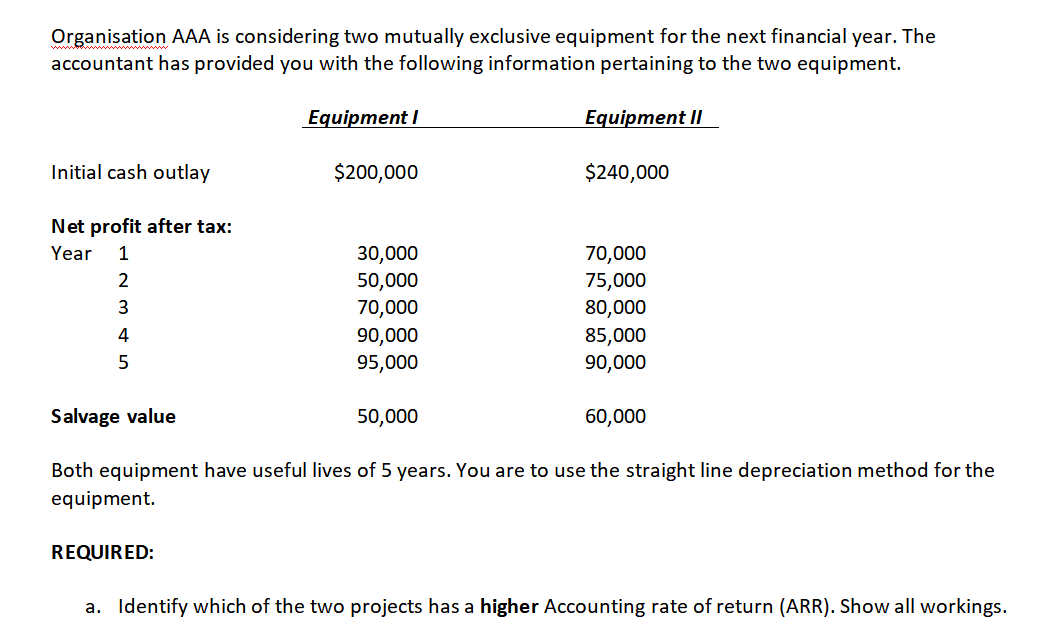  Organisation AAA is considering two mutually exclusive equipment for the next