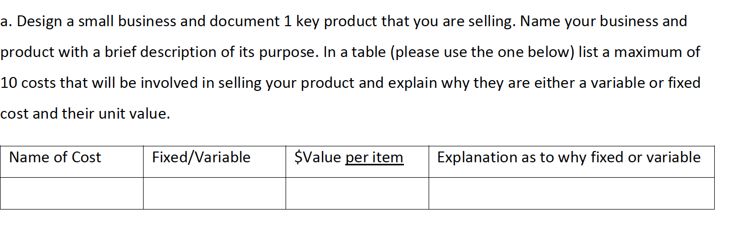  a. Design a small business and document 1 key product that