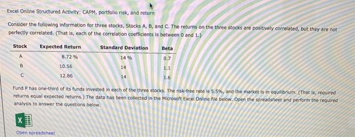 PLEASE ANSWER IN EXCEL Stock Excel Online Structured Activity: CAPM, portfolio risk,