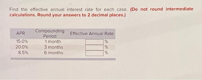  Find the effective annual interest rate for each case. (Do not