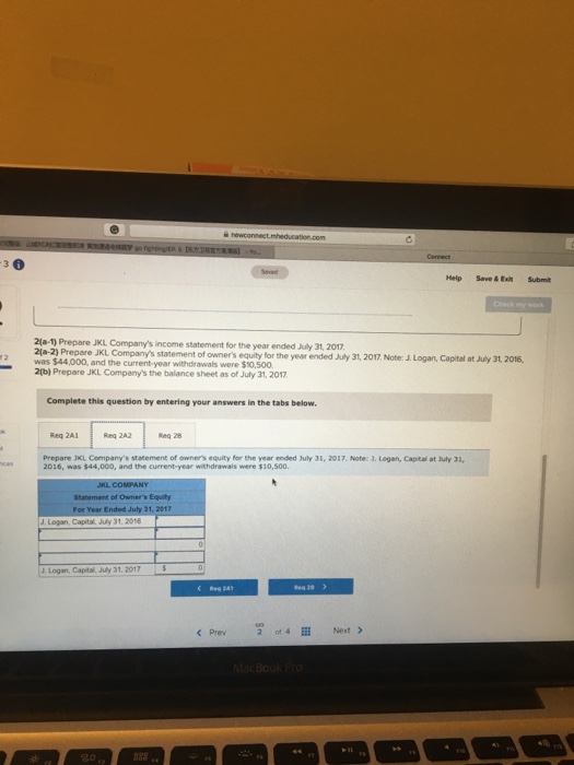  Help Save&Exit Submit 2(a-1) Prepare JKL Company's income statement for the