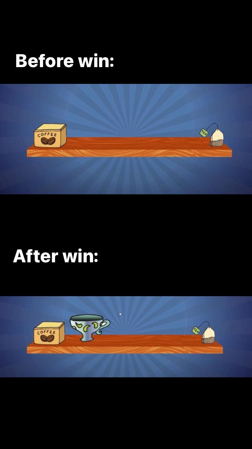 the questions and answers disappear. After that, he goes to the cup