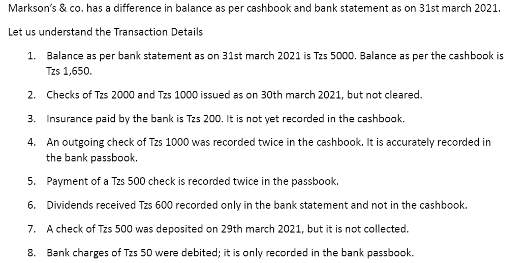  Markson's \& co. has a difference in balance as per cashbook