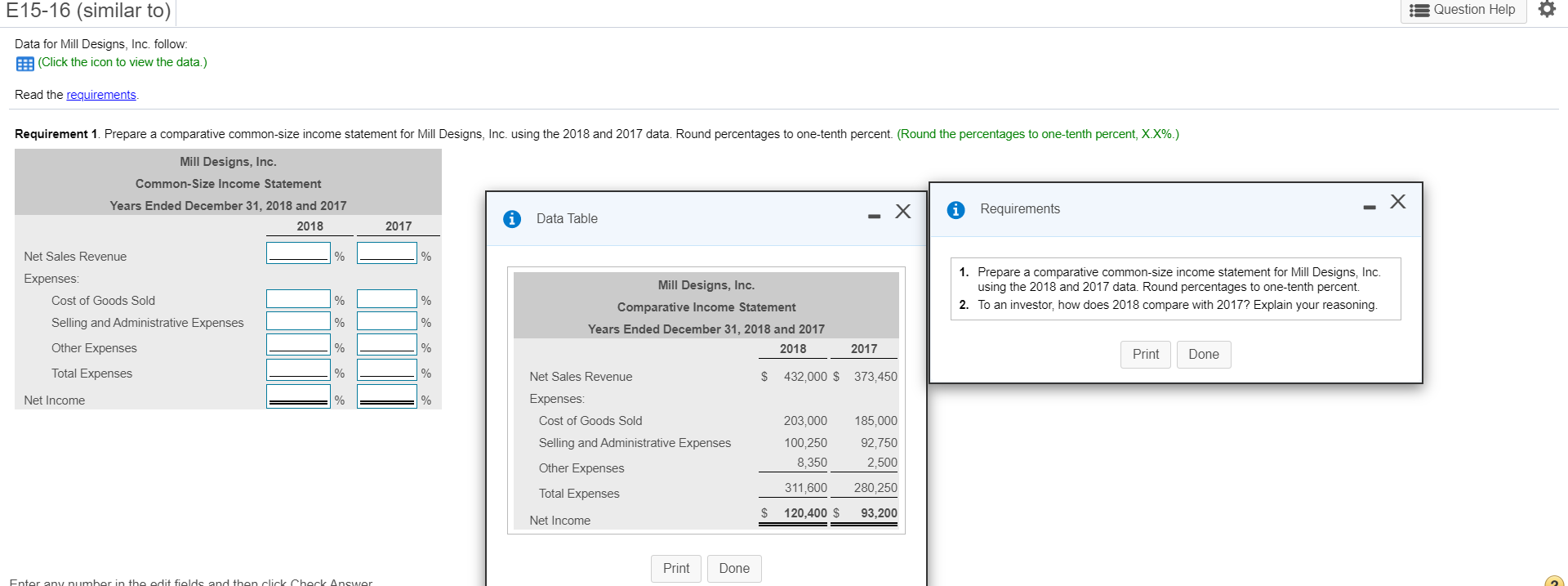  E15-16 (similar to) Question Help Data for Mill Designs, Inc. follow: